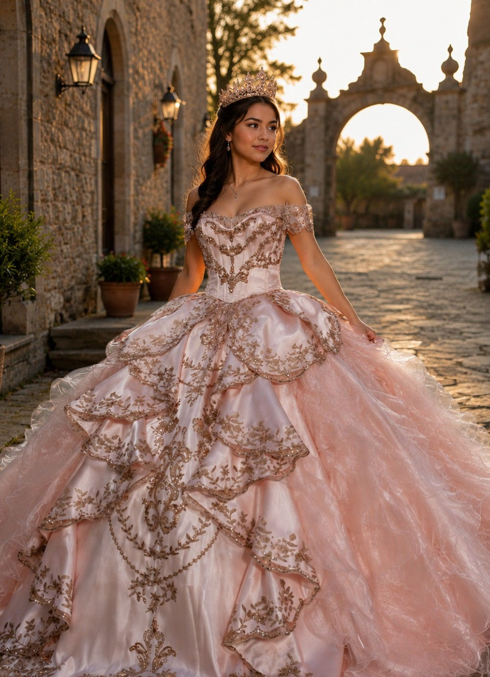 off the shoulder layered dress Ball Gown by Bella Princess PQ1114 M / Blush/Rose Gold Fabric:Armani Satin - 90 GSM For Love & Lemons global-description_tag-Available in regular and petite. Every wardrobe needs a summery black dress like this Clarice midi. It's based on a vintage nightdress - you'll see the inspirations in the pretty lace and dainty rose trim. 60 (152.5 cm