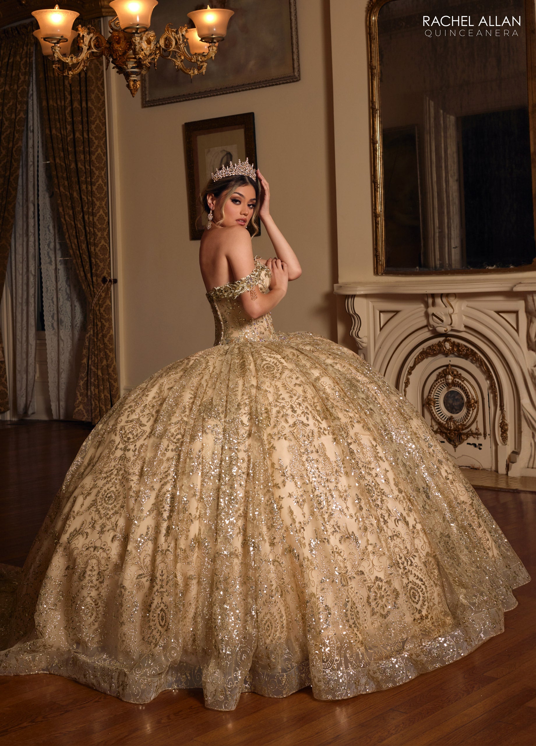 Off Shoulder Quinceanera Dress by Rachel Allan RQ2212 4 / Champagne Gold Off Shoulder Quinceanera Dress by Rachel Allan RQ2212 4 / Champagne Gold