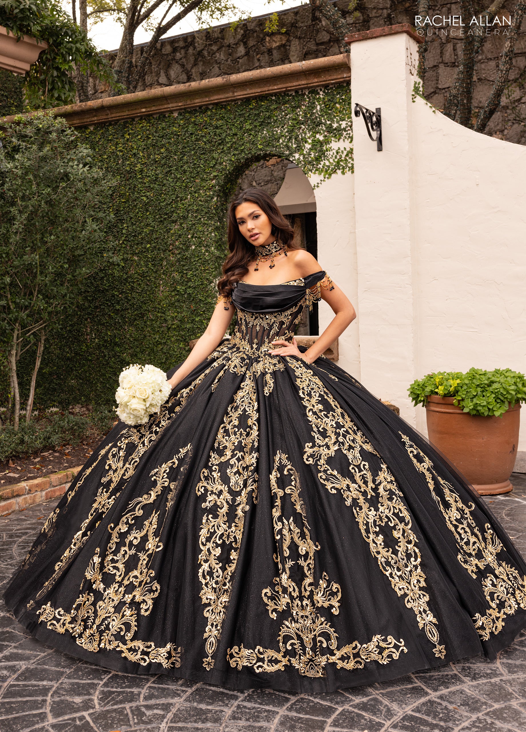 Off Shoulder Quinceanera Dress by Rachel Allan RQ2230 8 / Black/Gold