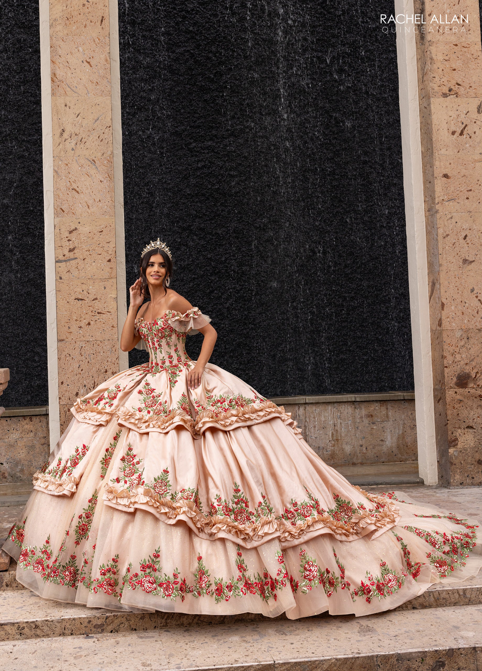 Floral Charro Quinceanera Dress by Rachel Allan RQ5015 00 / Champagne/Red