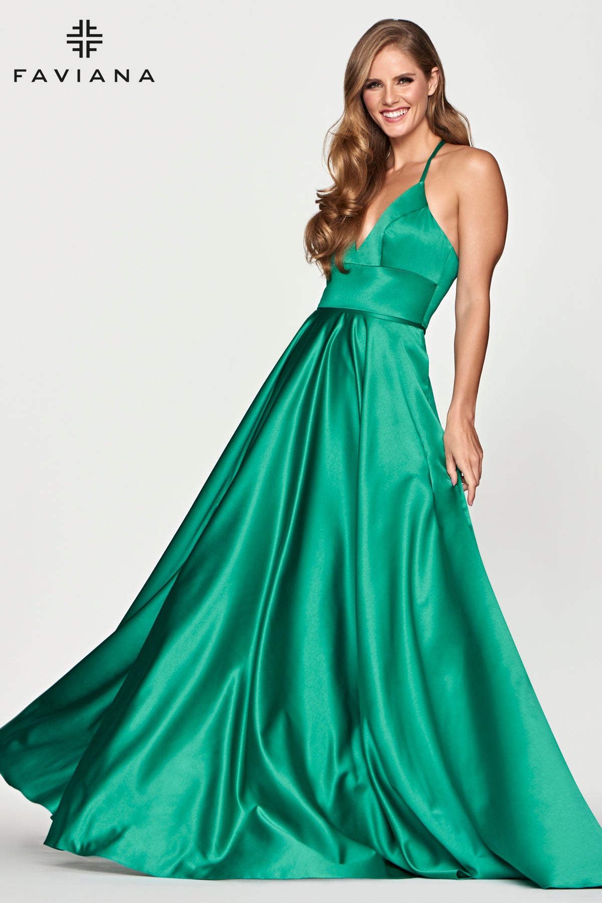 Satin Sleeveless A-line Gown by Faviana S10252 00 / Navy Satin Sleeveless A-line Gown by Faviana S10252 00 / Navy