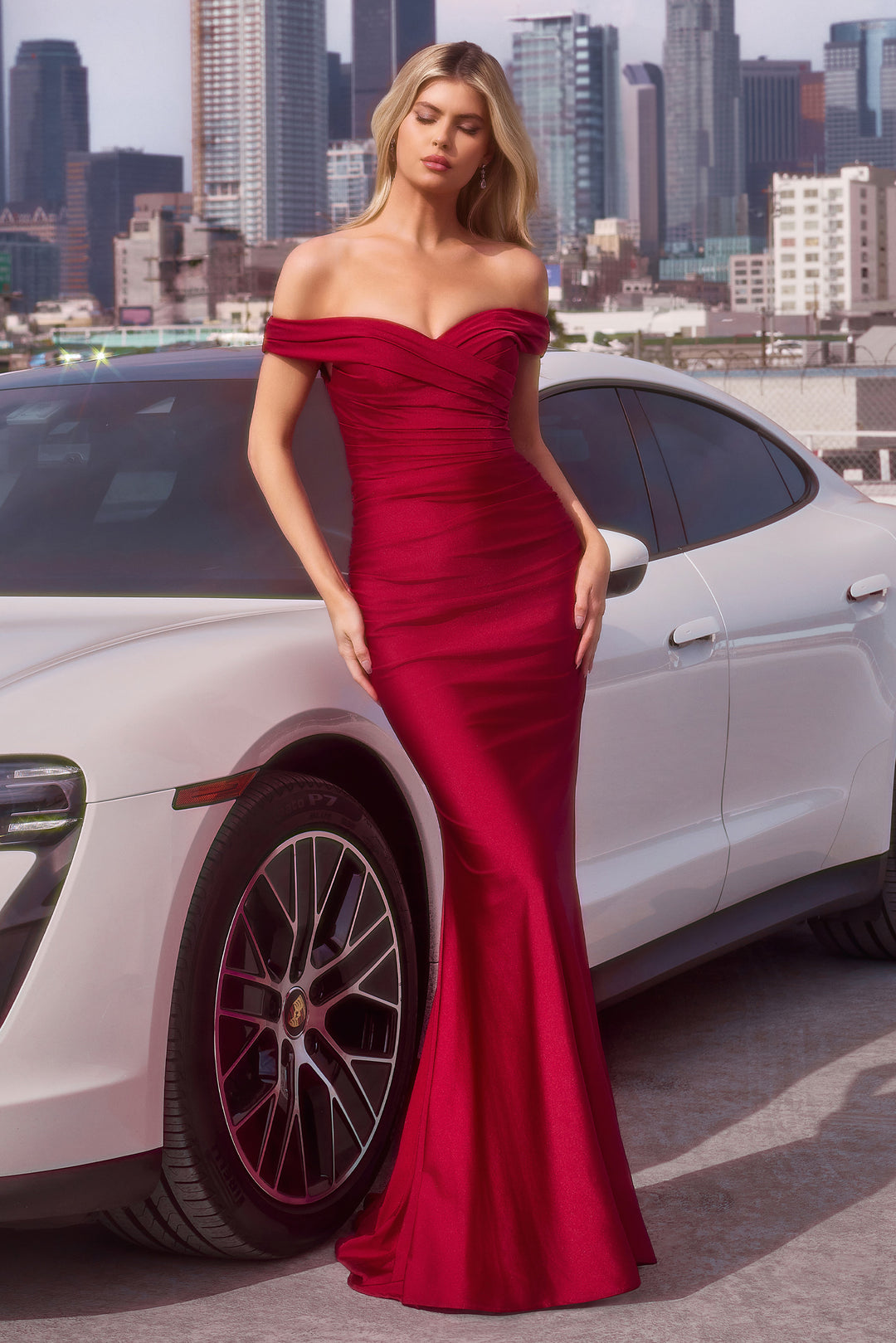 Jersey Fitted Off Shoulder Gown by Ladivine T402