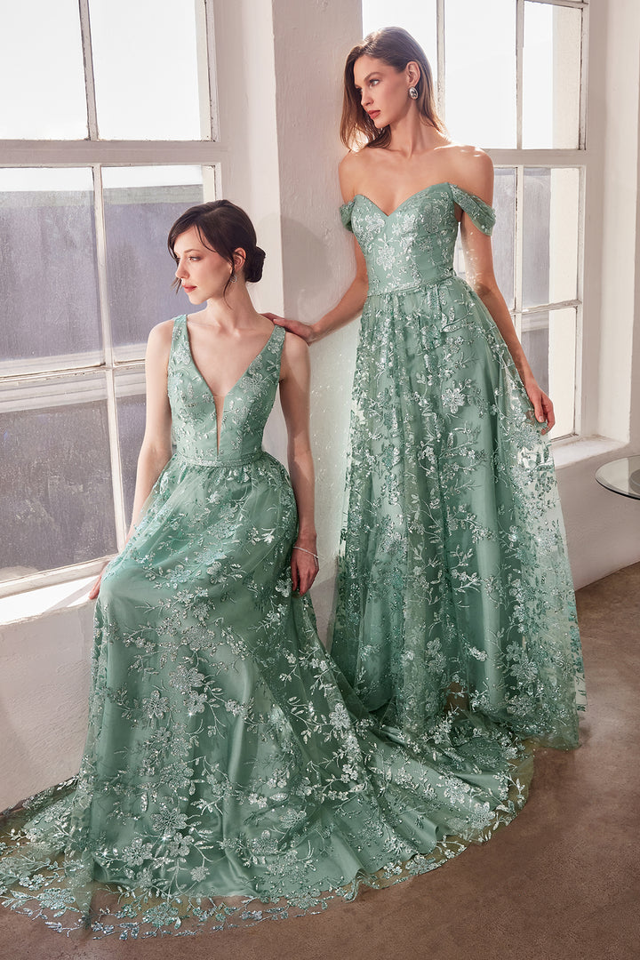 Glitter Print Off Shoulder Gown by Amoris T607
