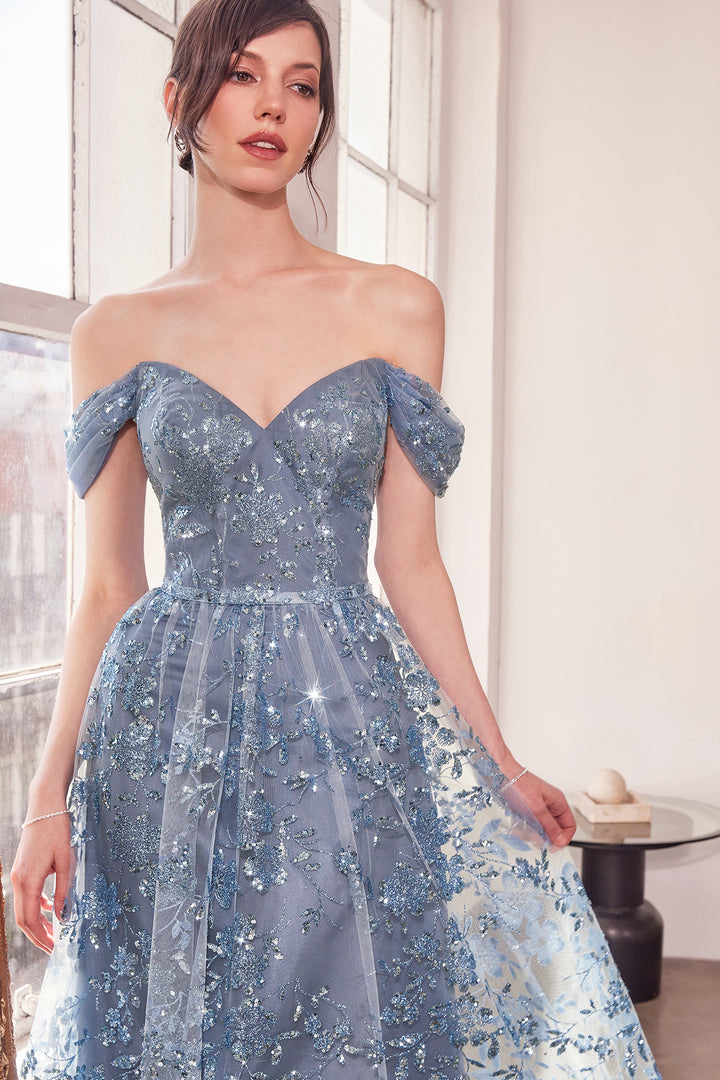 Glitter Print Off Shoulder Gown by Amoris T607
