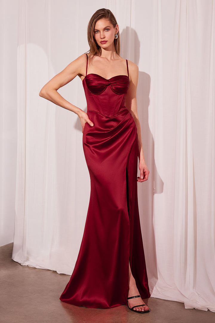 Satin Fitted Sleeveless Slit Gown by Amoris T608