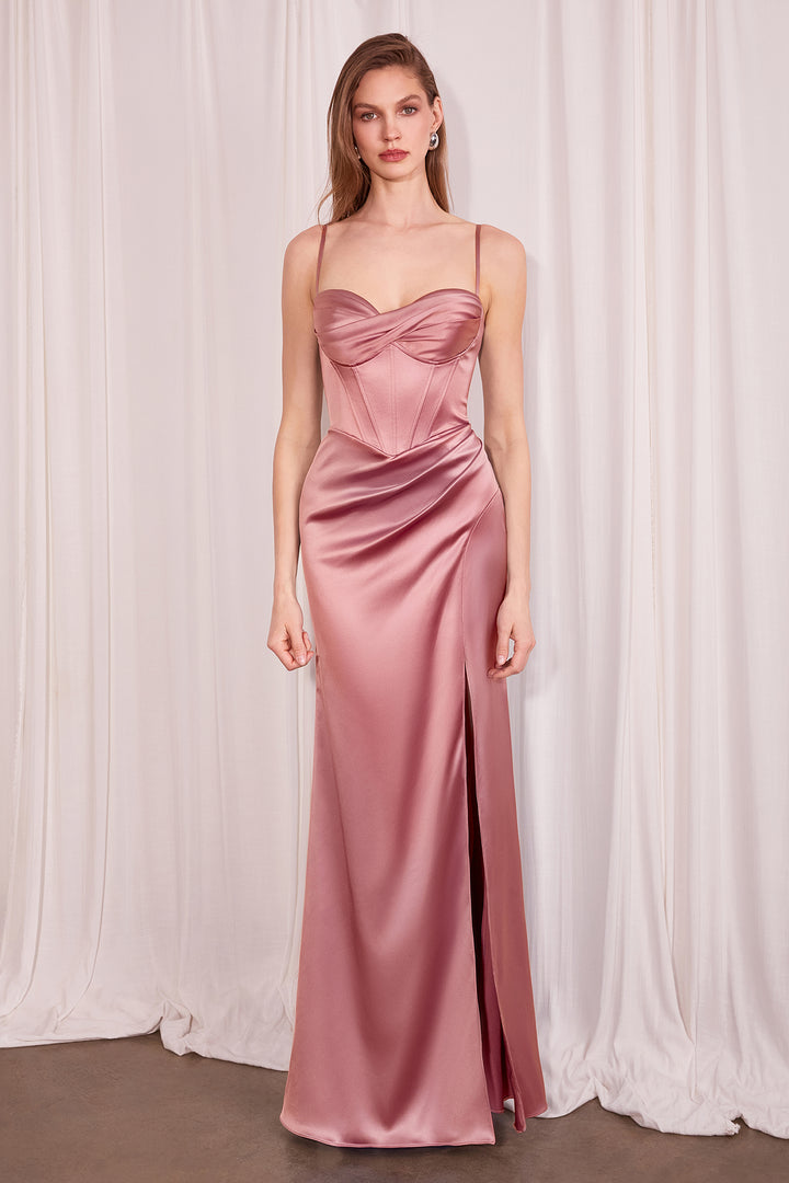 Satin Fitted Sleeveless Slit Gown by Amoris T608