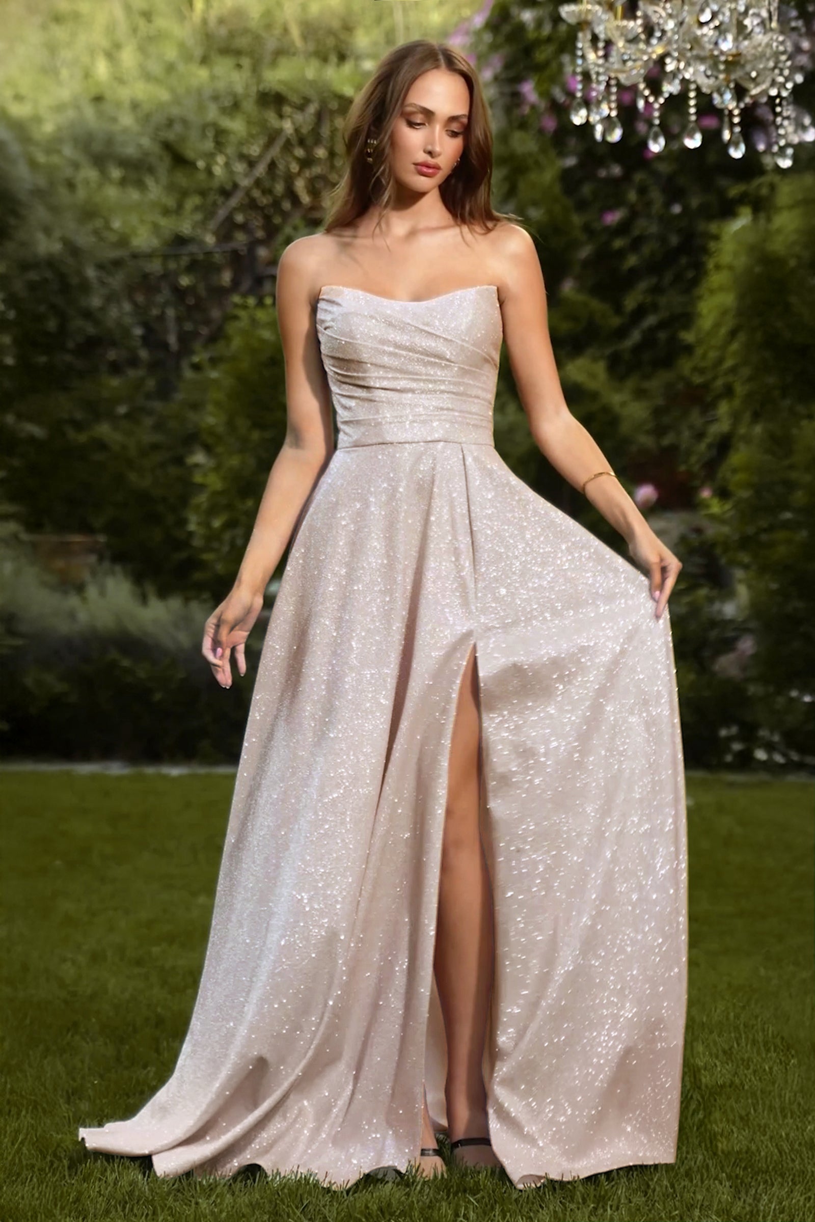 genesis strapless diamante maxi dress Amoris T701 Glitter Fabric A-Line Gown with Strapless Fitted Bodice Sage / L