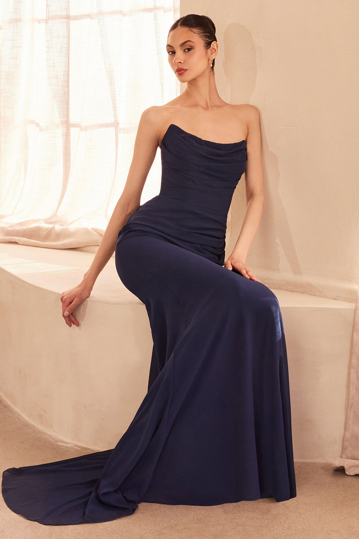 Chiffon Fitted Long Strapless Dress by Amoris T702