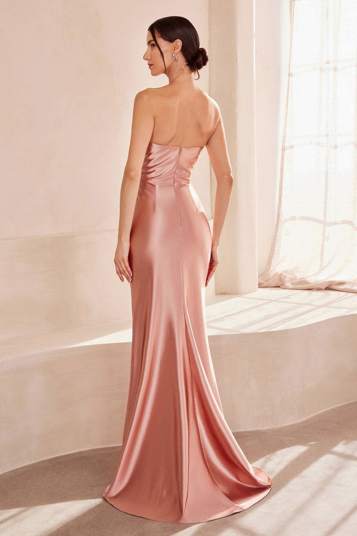 Satin Fitted Strapless Slit Gown by Amoris T704