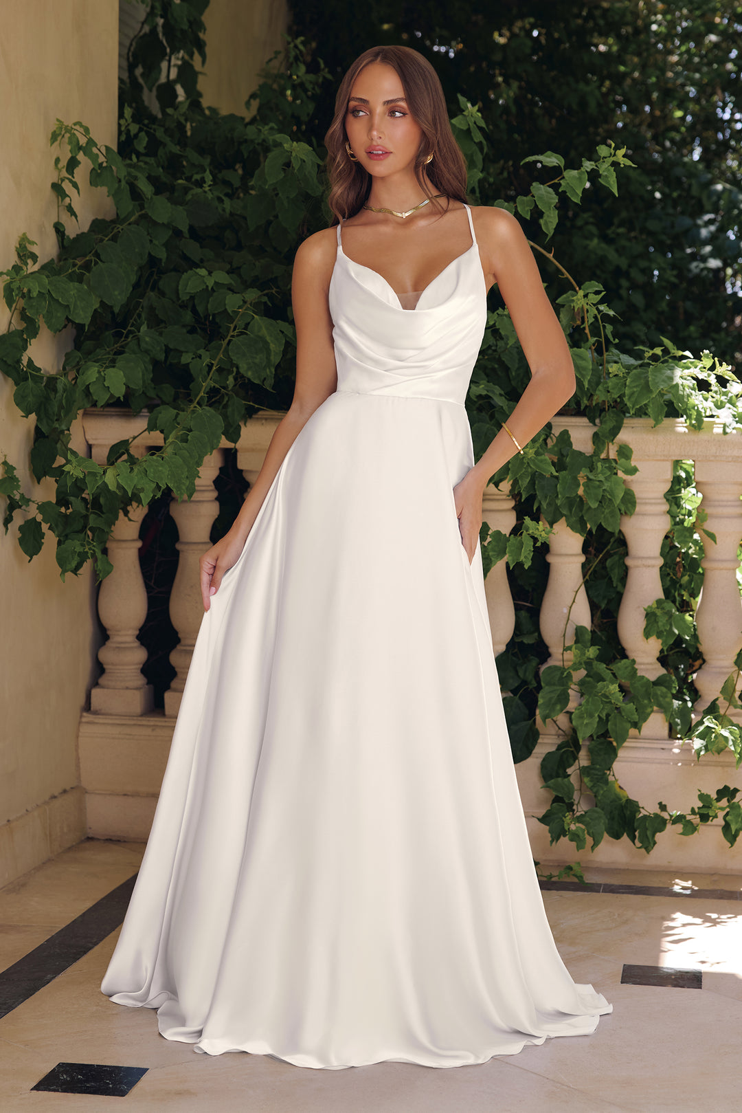 White Chiffon Cowl A-line Gown by Amoris T714W