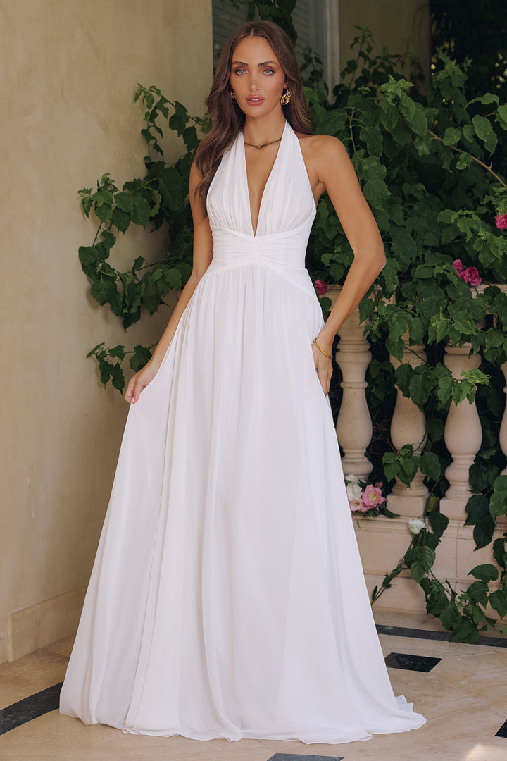 White Chiffon Halter A-line Gown by Amoris T715W