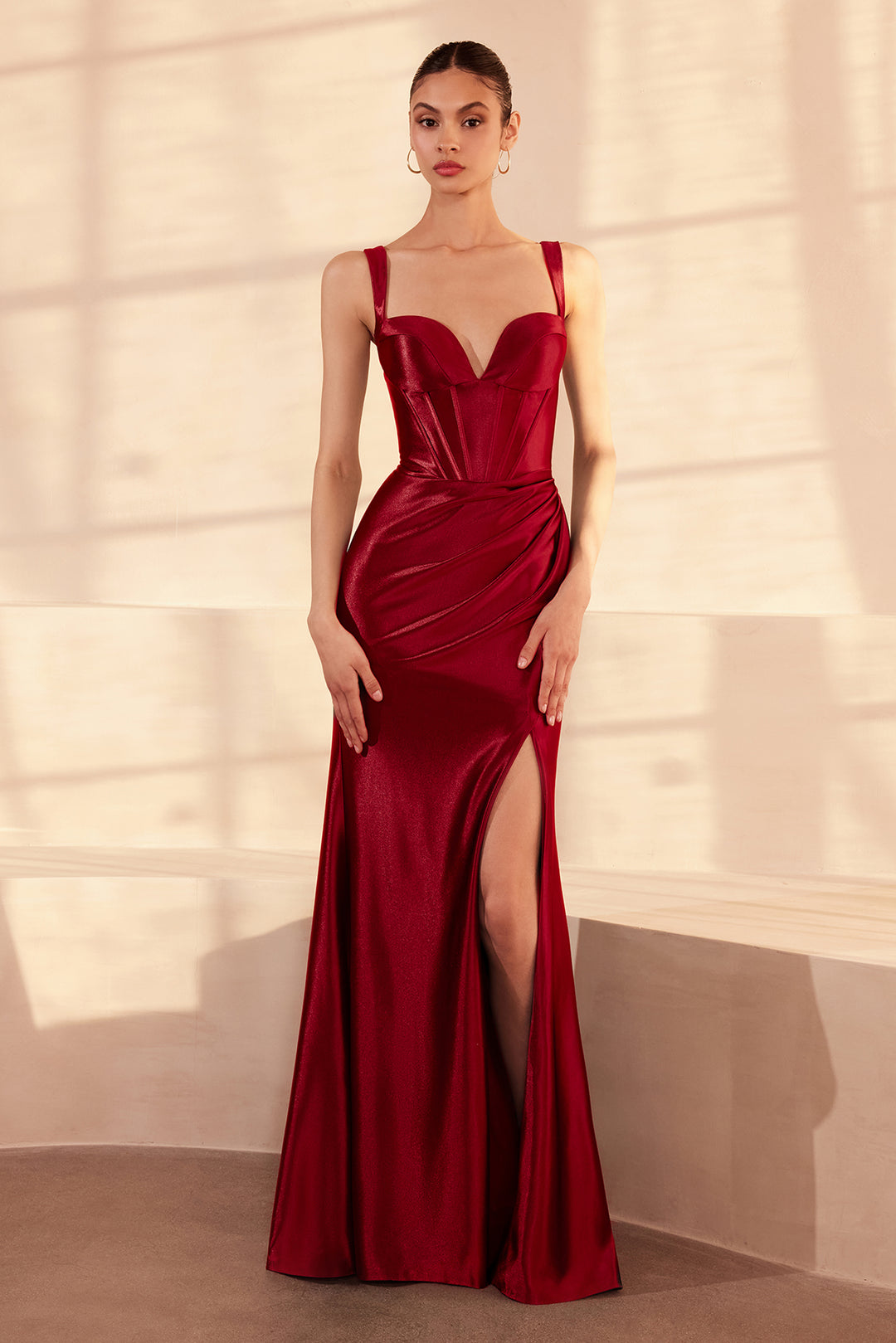 Satin Fitted Corset Slit Gown by Amoris T813