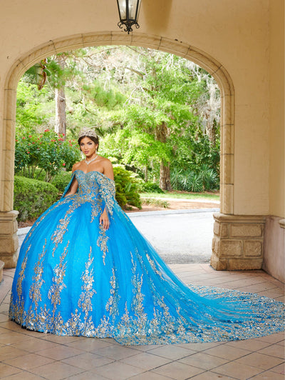 Applique Cape Quinceanera Dress by House of Wu 26083