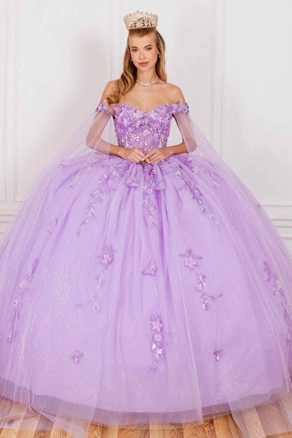 Cinderella Couture 8075J Long Applique Ball Gown Cape Quinceanera Dress