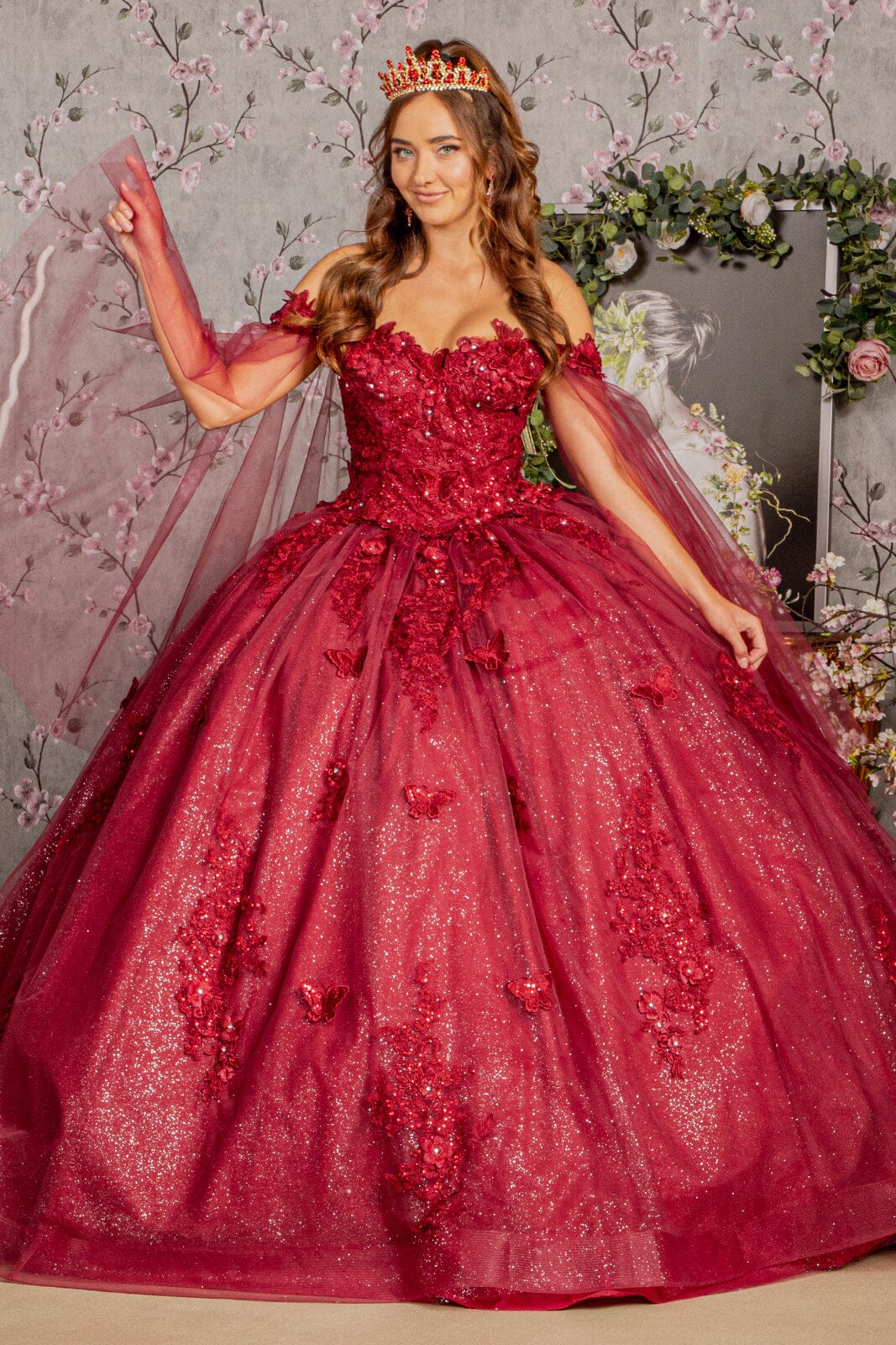 Applique Cape Sleeve Ball Gown by Elizabeth K GL3181