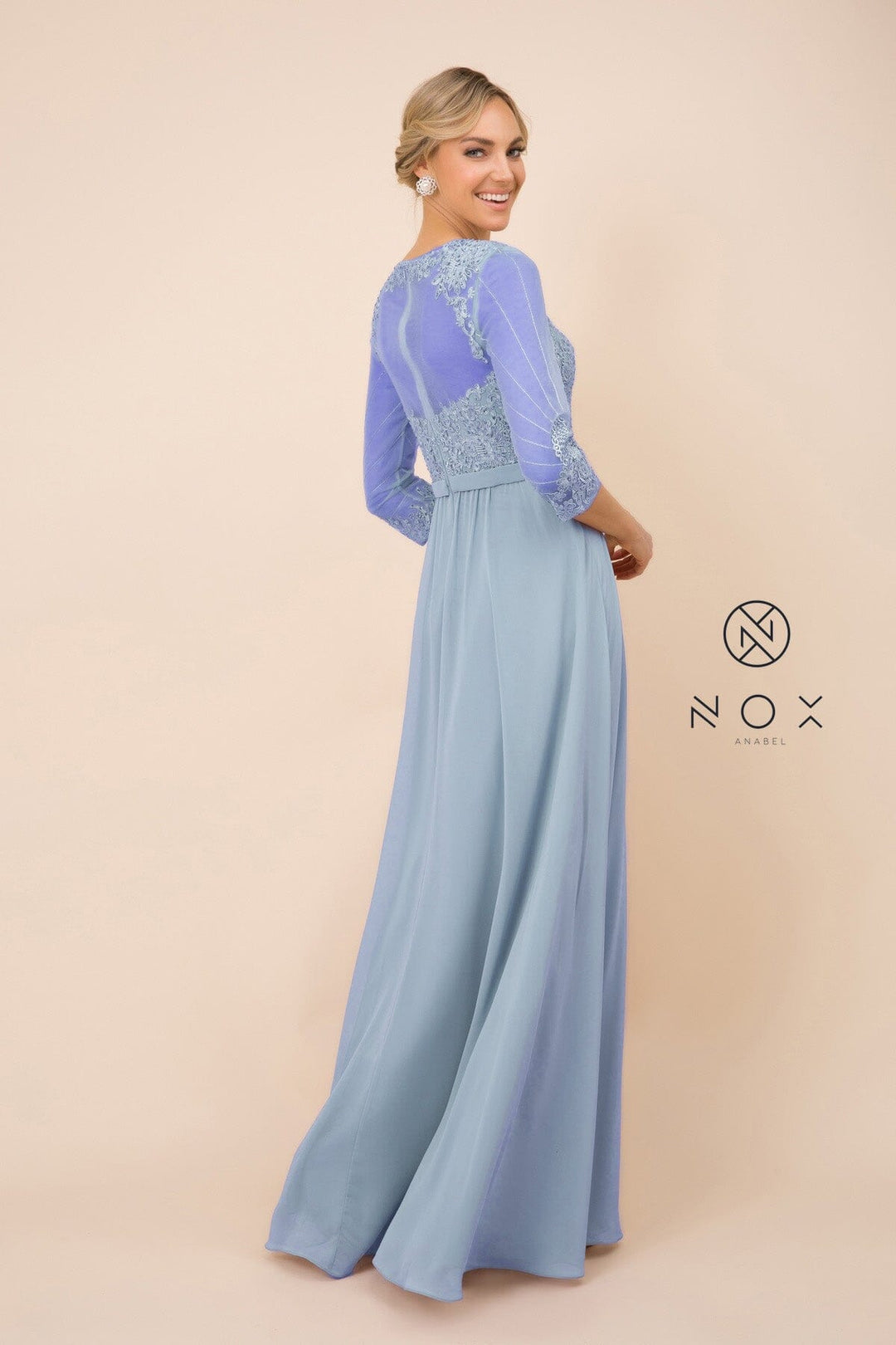 Applique Chiffon 3/4 Sleeve Gown by Nox Anabel Y532
