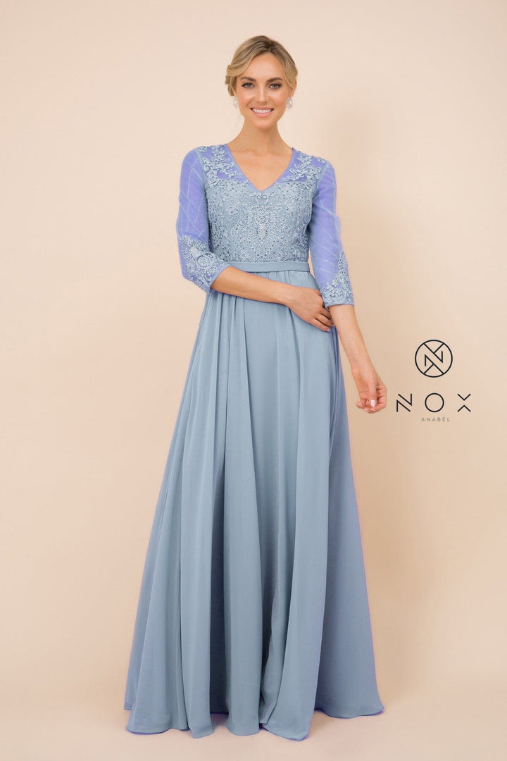 Applique Chiffon 3/4 Sleeve Gown by Nox Anabel Y532