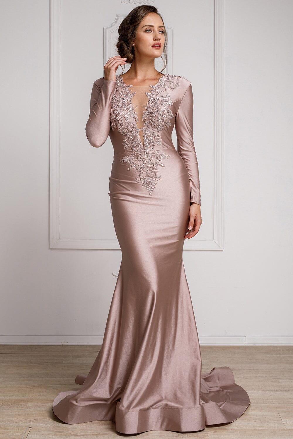 Applique Long Sleeve Lycra Gown by Amelia Couture 382 14 / Dusty Rose Applique Long Sleeve Lycra Gown by Amelia Couture 382 14 / Dusty Rose