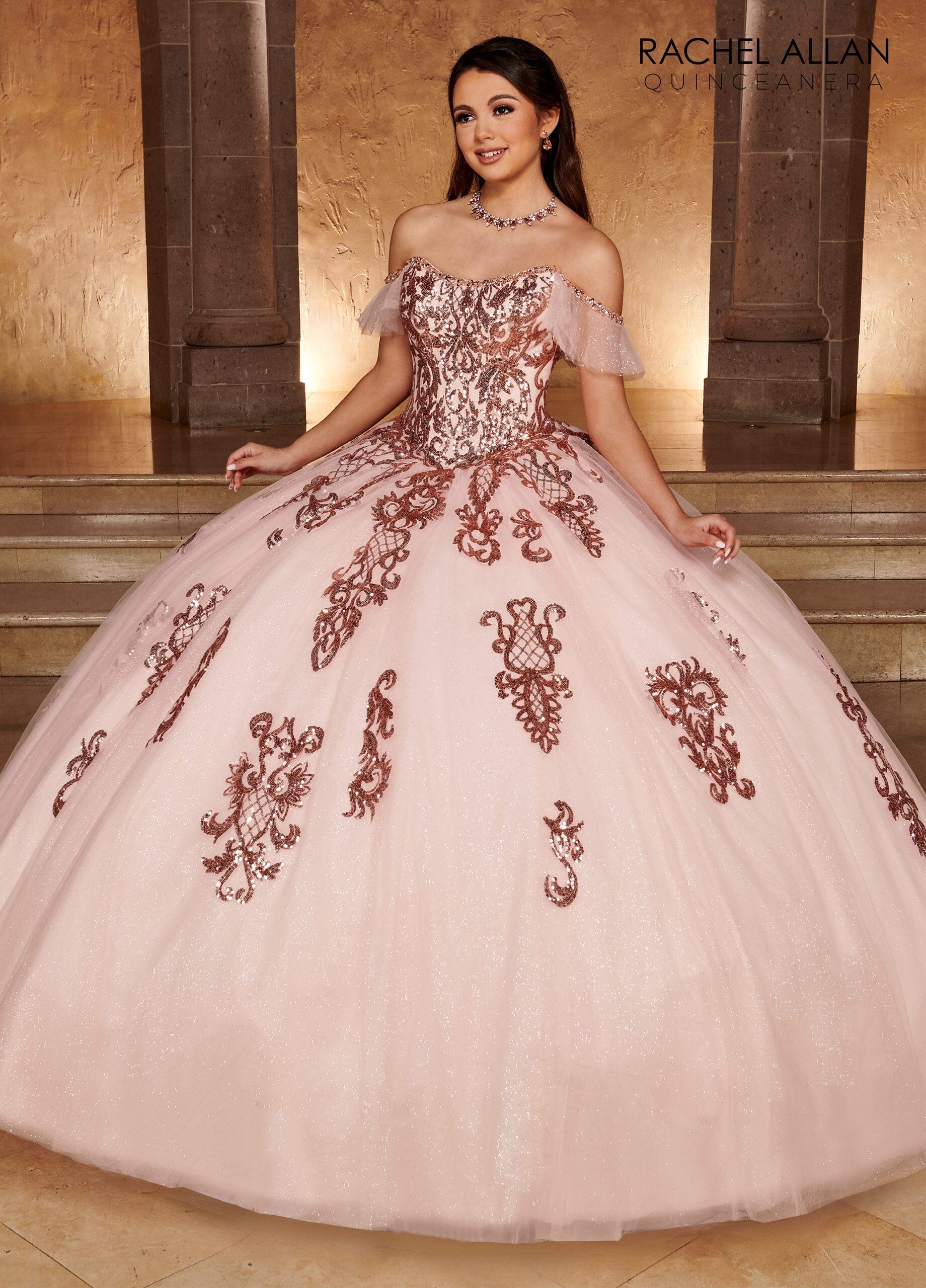Applique Off Shoulder Quinceanera Dress by Rachel Allan RQ2166 14 / Blush Rose Gold Applique Off Shoulder Quinceanera Dress by Rachel Allan RQ2166 14 / Blush Rose Gold