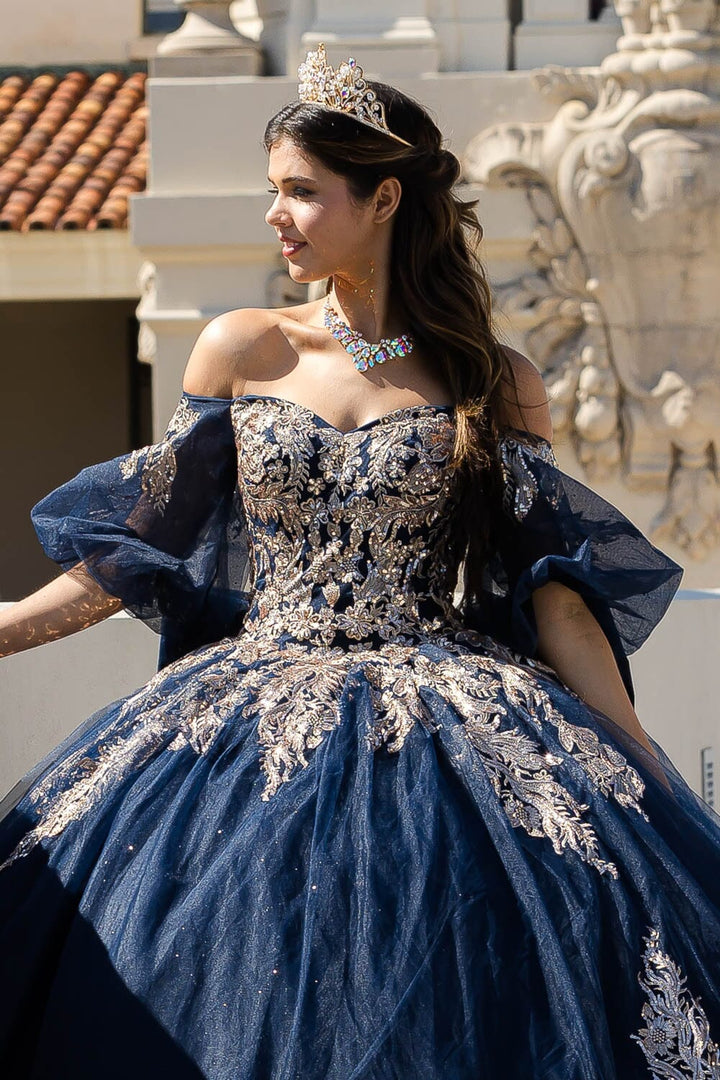 Applique Puff Sleeve Ball Gown by Petite Adele PQ1023