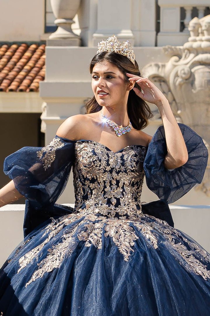 Applique Puff Sleeve Ball Gown by Petite Adele PQ1023