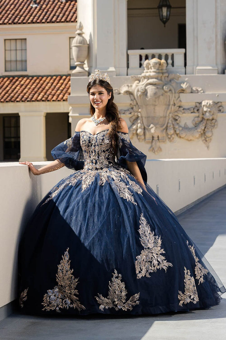 Applique Puff Sleeve Ball Gown by Petite Adele PQ1023