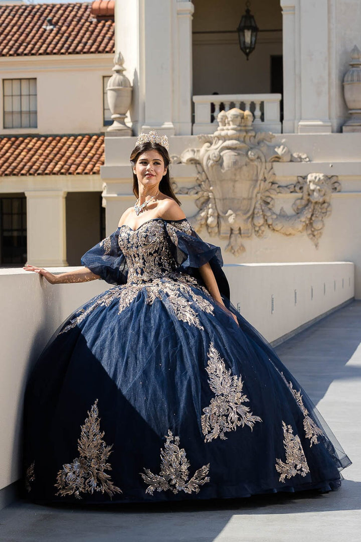 Applique Puff Sleeve Ball Gown by Petite Adele PQ1023