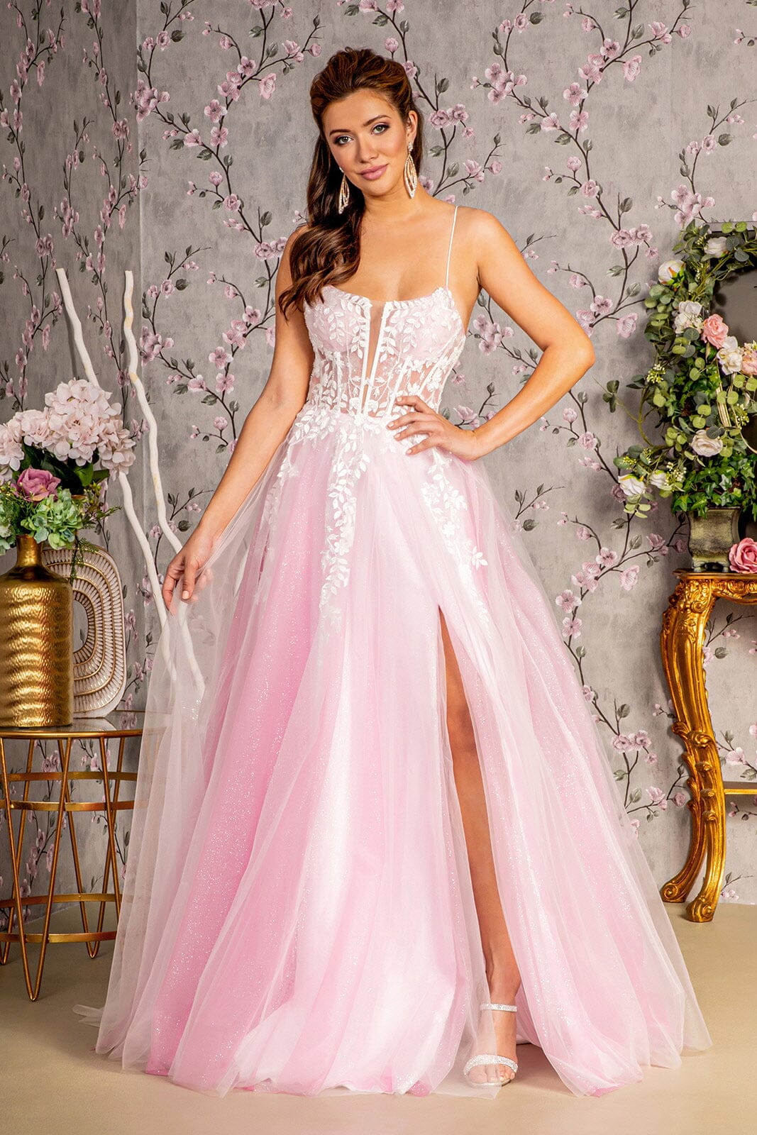 Applique Sleeveless A-line Slit Gown by GLS Gloria GL3249 2XL / Light Pink Applique Sleeveless A-line Slit Gown by GLS Gloria GL3249 2XL / Light Pink