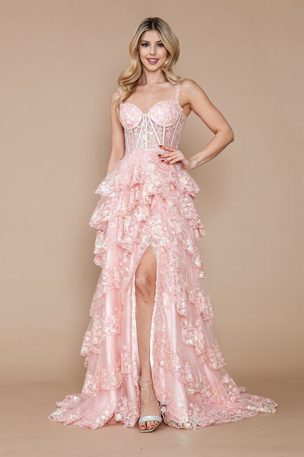 Poly USA 9410 Applique Sleeveless Layered Slit Gown | FormalDressShops Blush / XL Poly USA 9410 Applique Sleeveless Layered Slit Gown | FormalDressShops Blush / XL