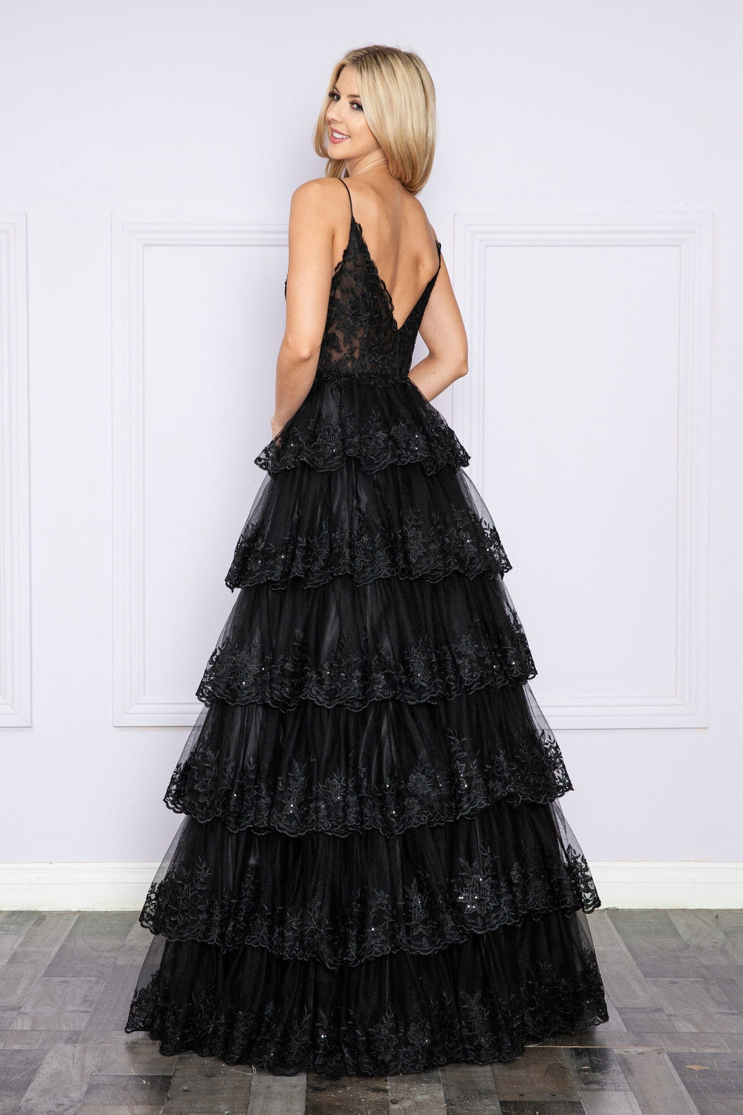 Applique Sleeveless Tiered Layered Gown by Poly USA 9402