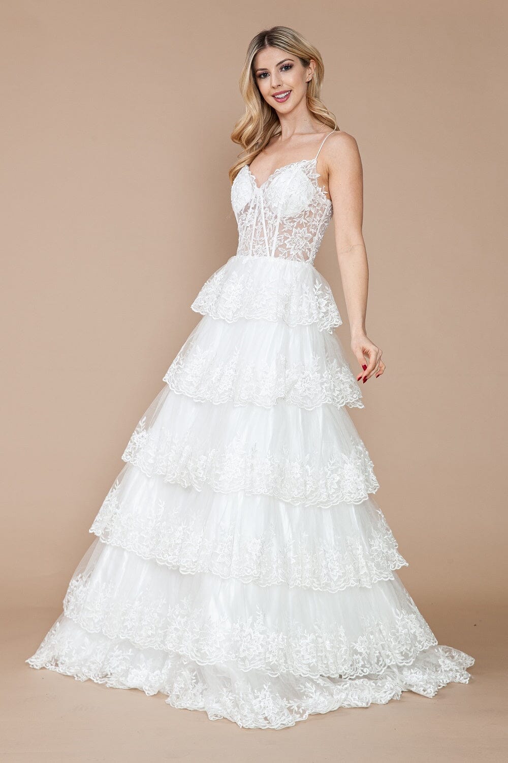 knee length dresses for ladies Spaghetti Strap Wedding Dress with Tiered Skirt – Layered Tulle Ruffle Dress with Pearl Leaf Bodice and Sheer Layers Plus Size Size 0