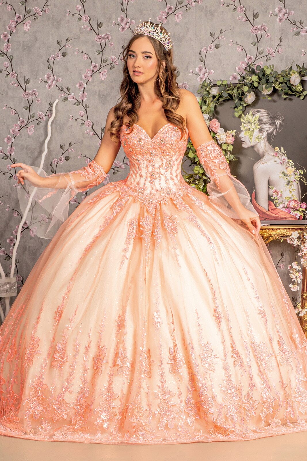 Applique Strapless Bell Sleeve Ball Gown by GLS Gloria GL3235 S / Orange/Champagne Applique Strapless Bell Sleeve Ball Gown by GLS Gloria GL3235 S / Orange/Champagne
