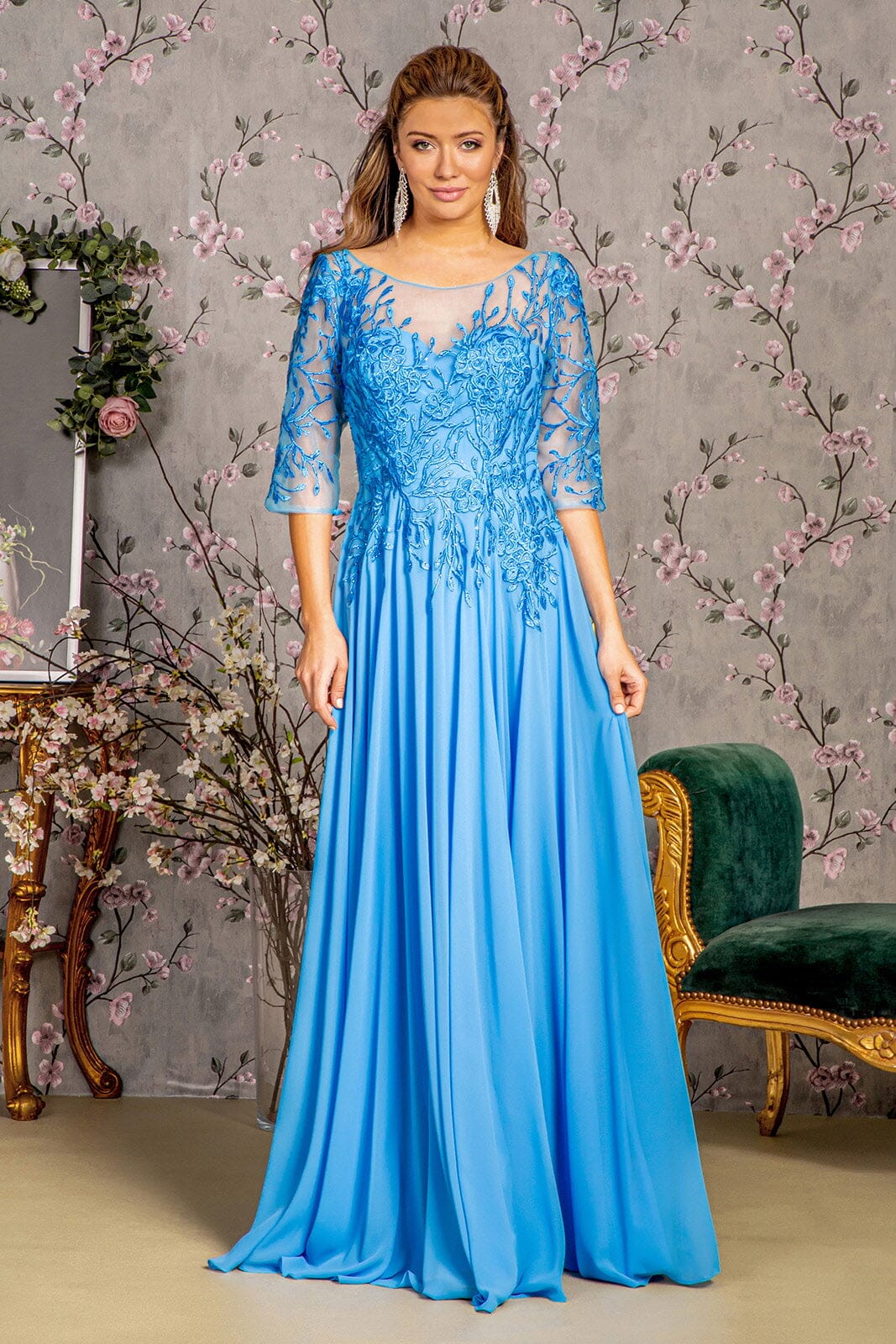 bead embroidered dress Bead Embroidered 3/4 Sleeve A-line Gown by GLS Gloria GL3445 3XL / Perry Blue