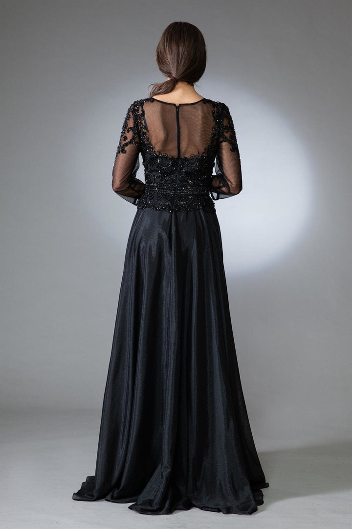 Beaded 3/4 Sleeve Velvet Chiffon Gown by Amelia Couture 7041