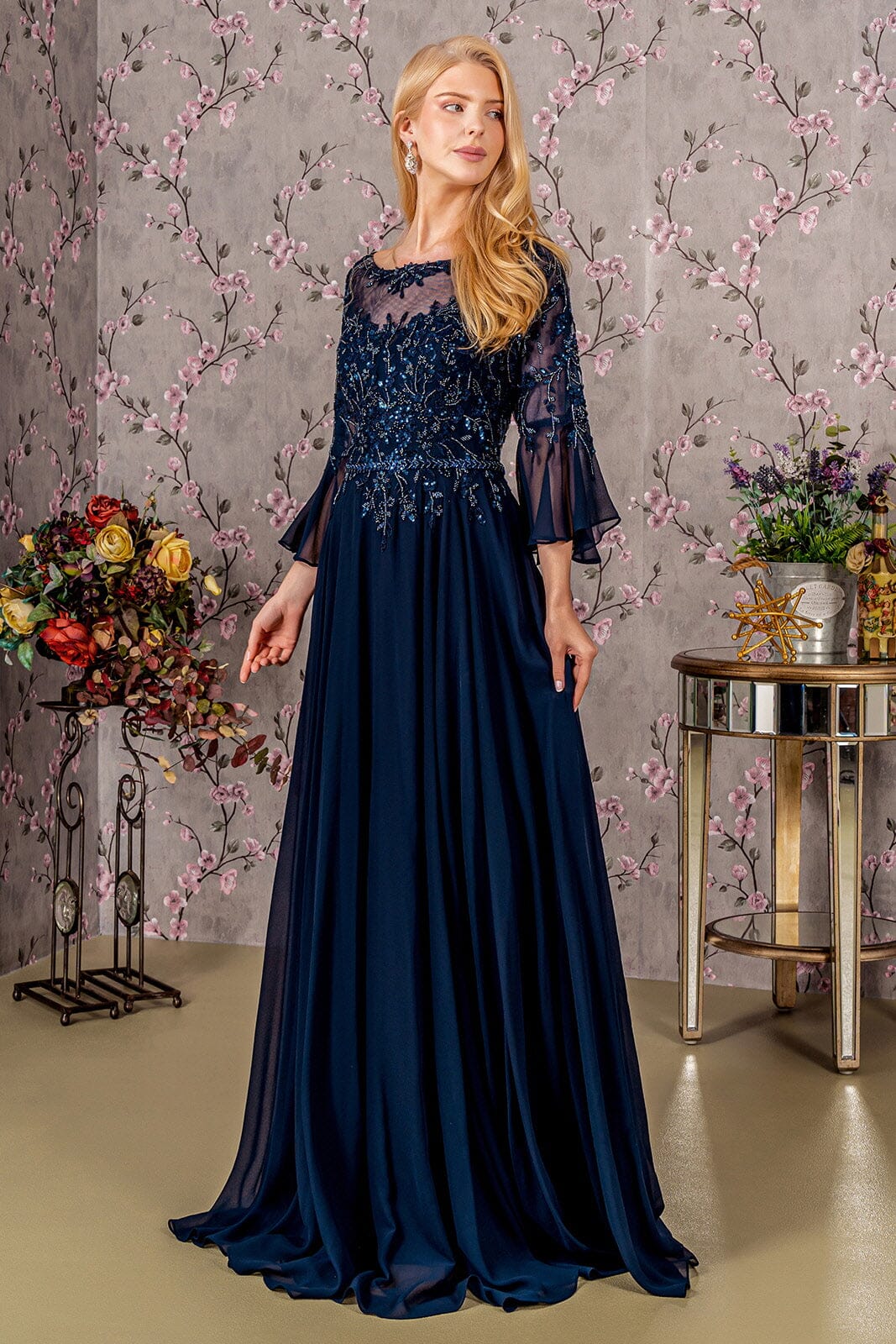 Beaded Chiffon 3/4 Sleeve A-Line Gown by GLS Gloria GL3434 S / Navy Beaded Chiffon 3/4 Sleeve A-Line Gown by GLS Gloria GL3434 S / Navy