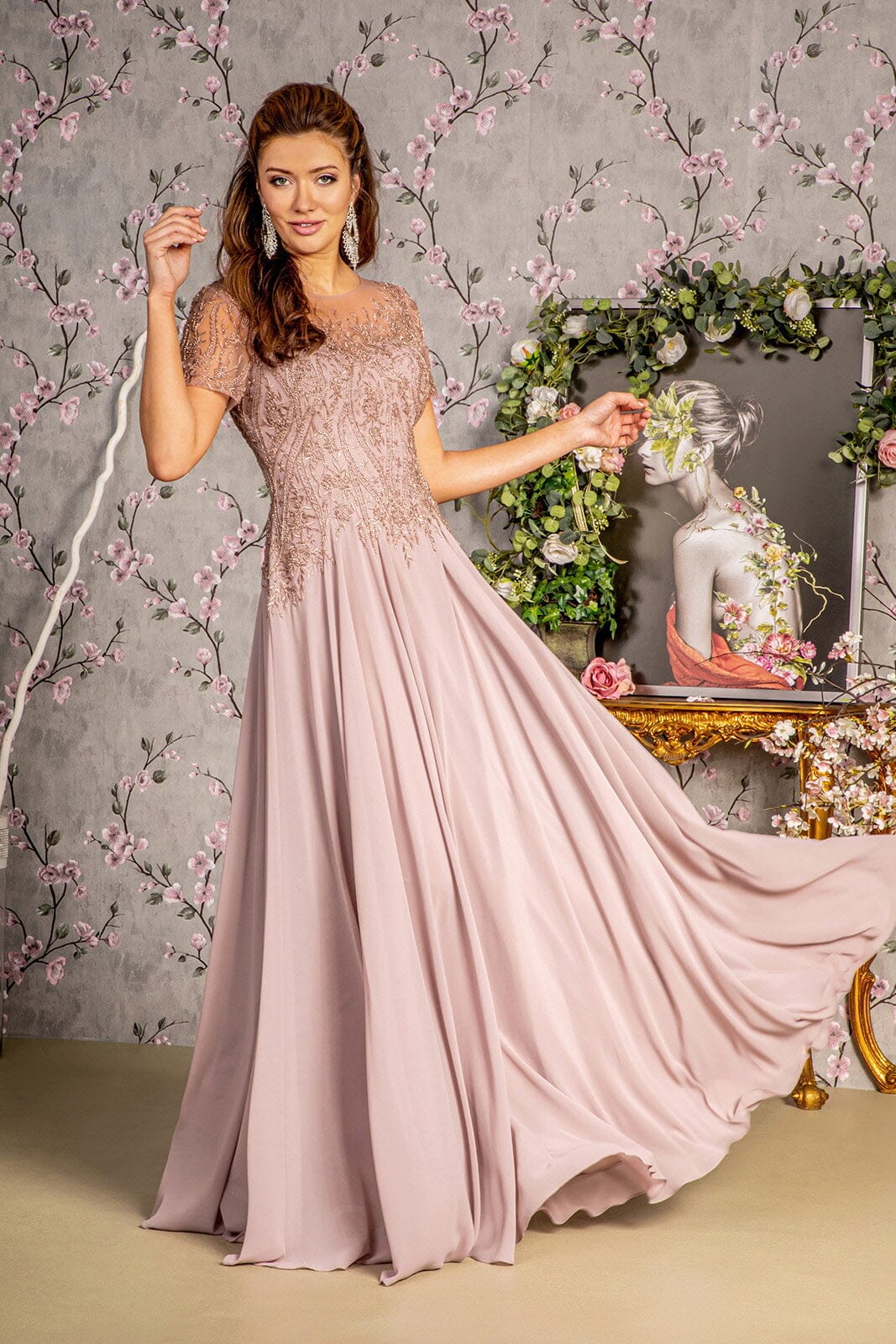 Beaded Chiffon Short Sleeve Gown by GLS Gloria GL3492 3XL / Mauve Beaded Chiffon Short Sleeve Gown by GLS Gloria GL3492 3XL / Mauve