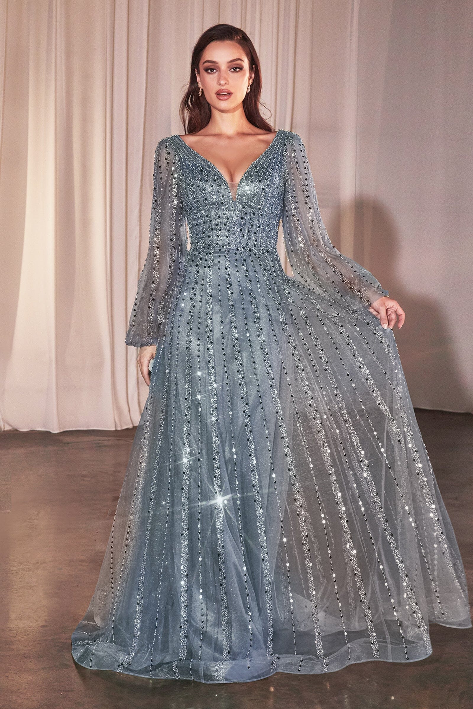 green emerald velvet dress Beaded Long Sleeve A-line Gown by Ladivine CD0240 – ABC Fashion