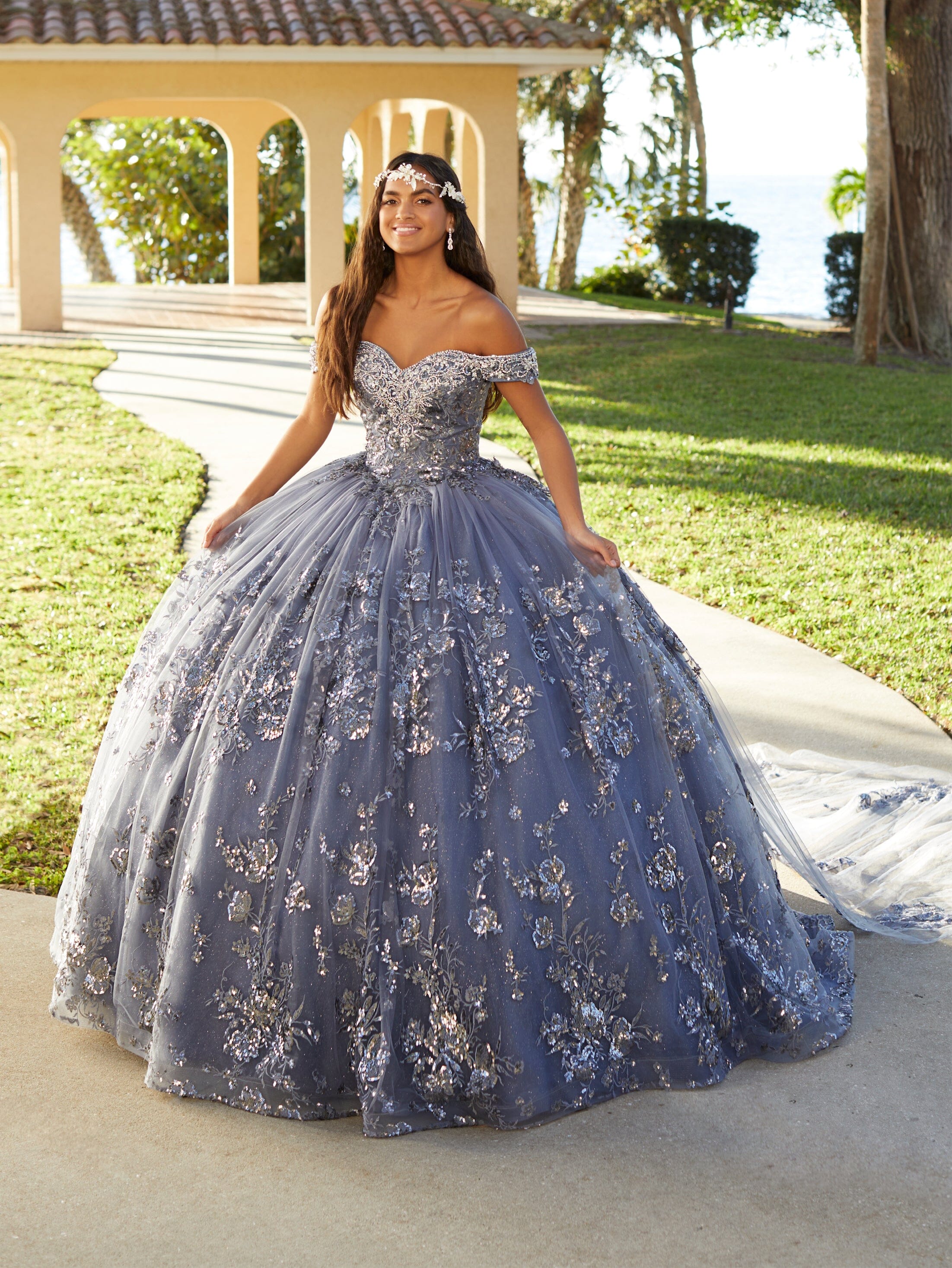 Beaded Off Shoulder Quinceanera Dress by Fiesta Gowns 56479 28 / Slate Beaded Off Shoulder Quinceanera Dress by Fiesta Gowns 56479 28 / Slate