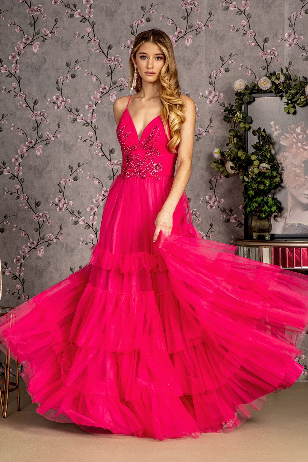 beaded tiered dress Primavera Couture 4106 Long Prom Dress Sequin Beaded Layered Ruffle High Slit Fitted Formal Pageant Gown 12 / Orchid