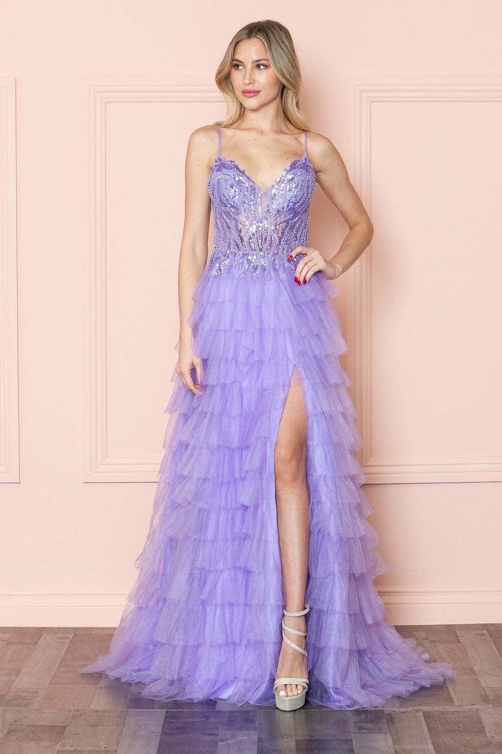 Poly USA 9408 Beaded Sleeveless Tiered Ruffled Slit Gown | FormalDressShops Lavender / XS