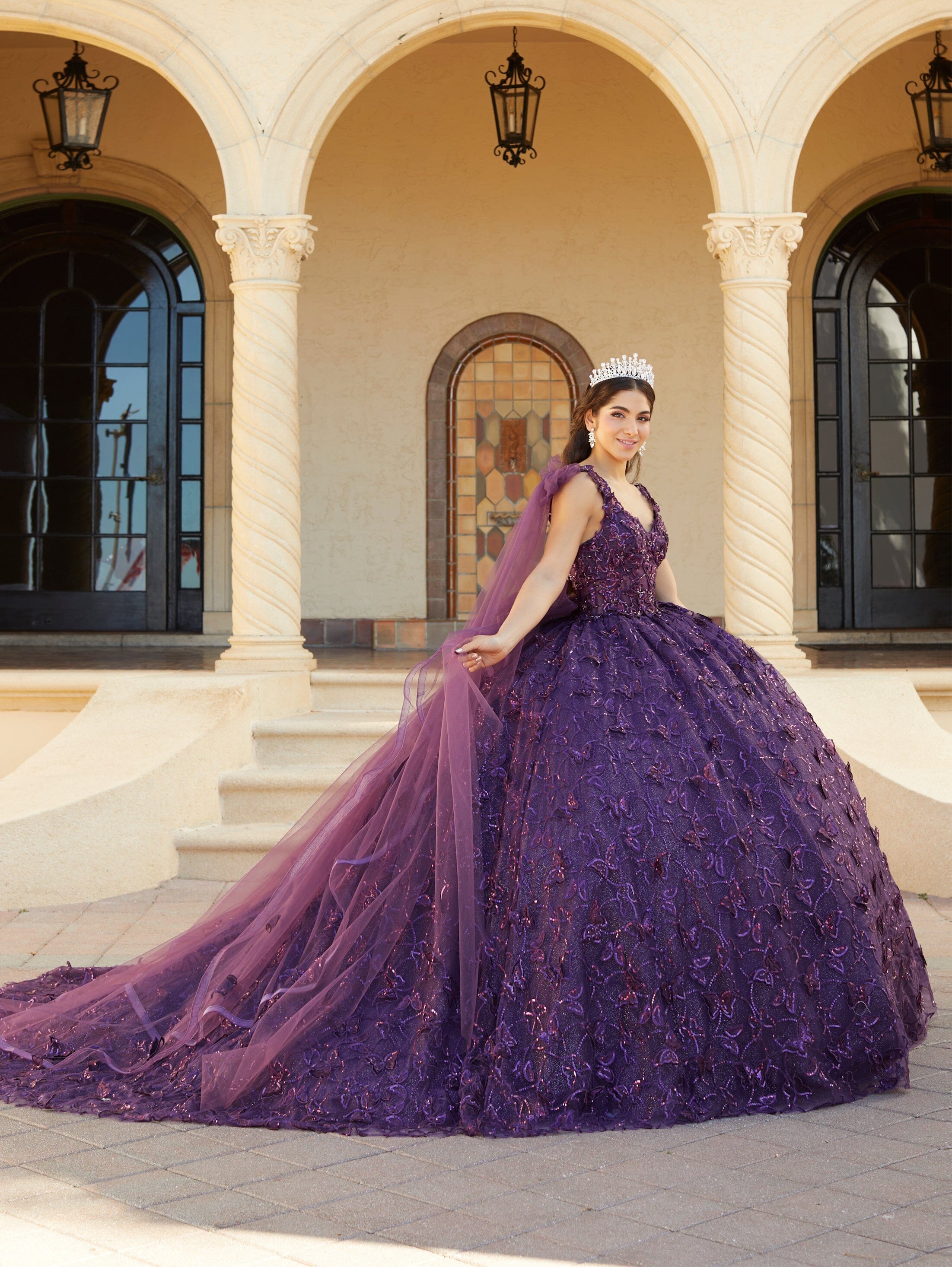 Butterfly Cape Sleeve Quinceanera Dress by House of Wu 26062 28 / Plum