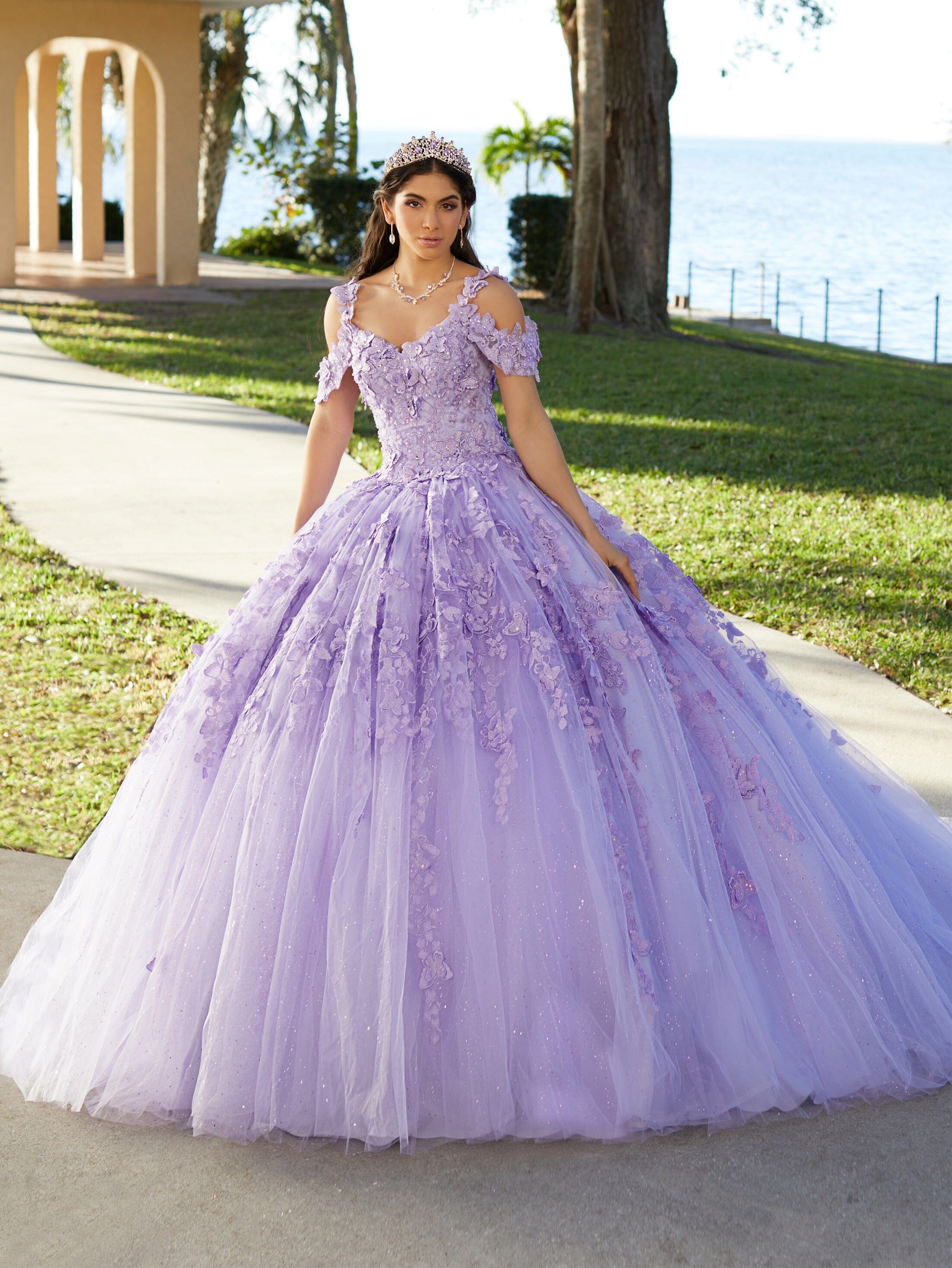 Butterfly Cold Shoulder Quinceanera Dress by Fiesta Gowns 56482 6 / Lilac