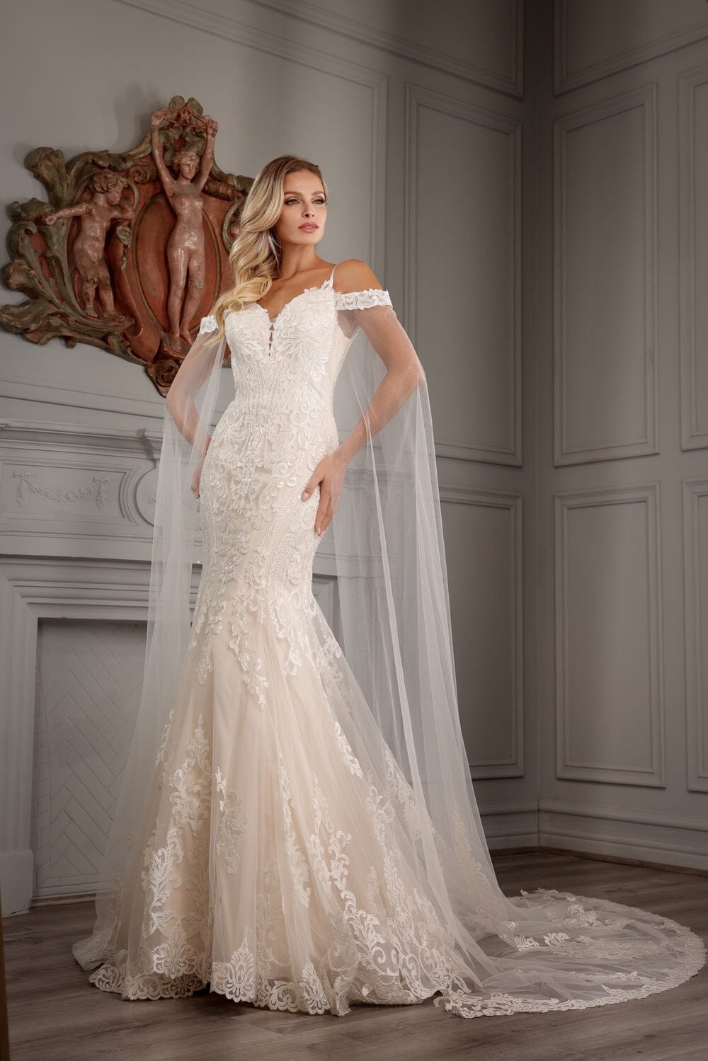 mermaid wedding dress with cape Rachel Allan