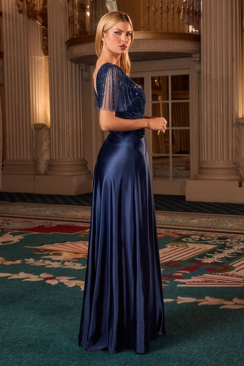 Beaded Satin Short Sleeve Gown by Ladivine CC447