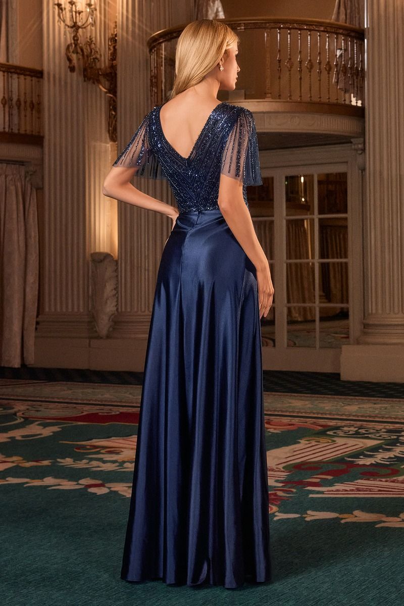 Beaded Satin Short Sleeve Gown by Ladivine CC447