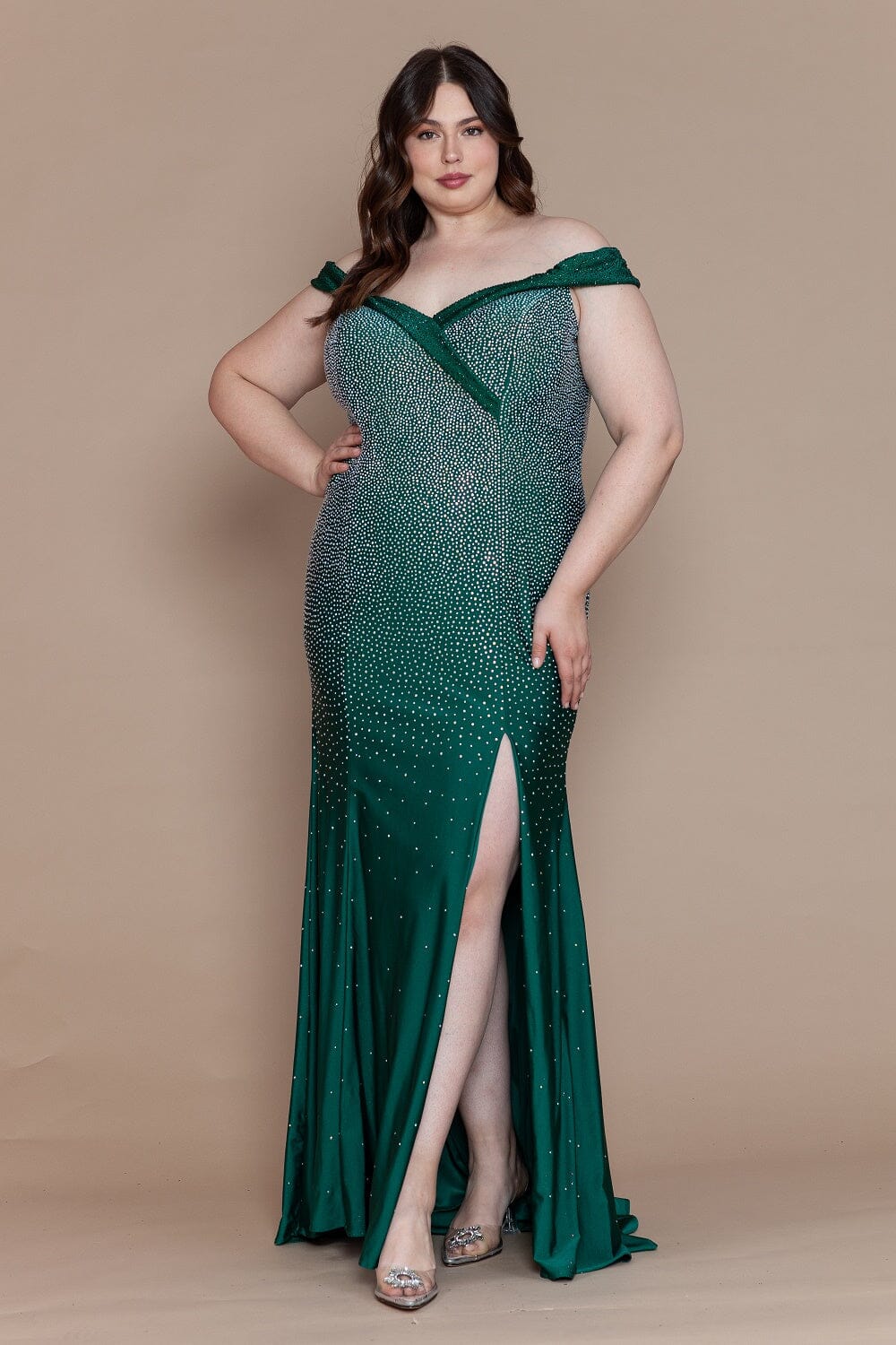 Poly USA W1120 Curve Fitted Off Shoulder Rhinestone Gown | FormalDressShops Emerald / 18w Poly USA W1120 Curve Fitted Off Shoulder Rhinestone Gown | FormalDressShops Emerald / 18w