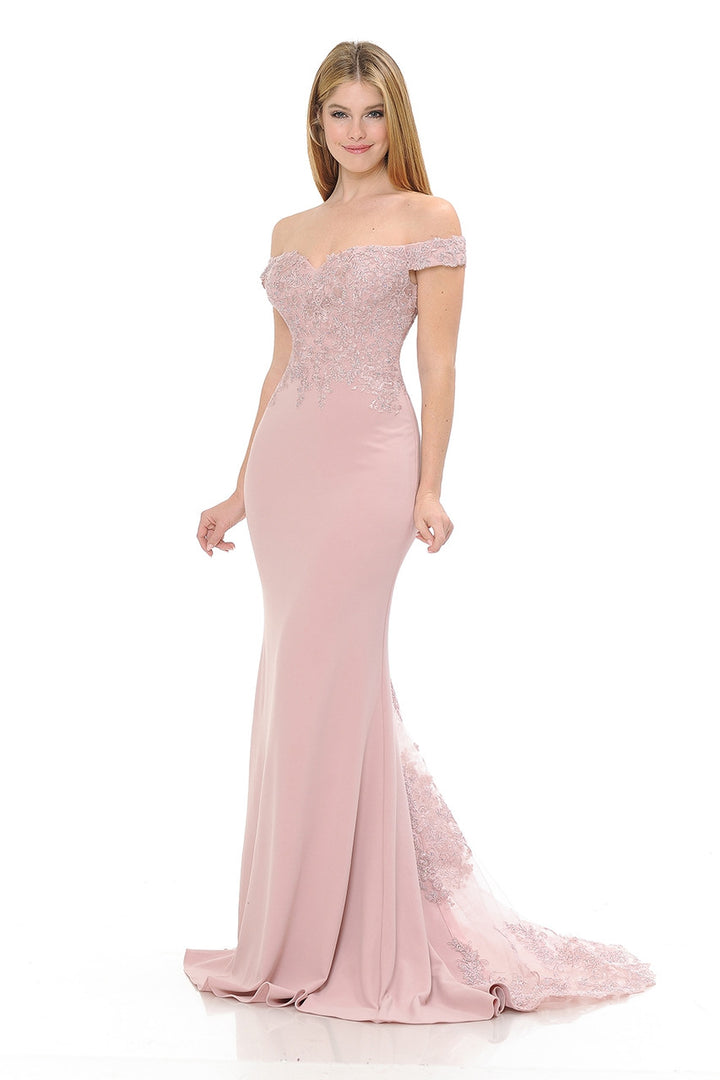 Embroidered Crepe Off Shoulder Gown by Lenovia 8134