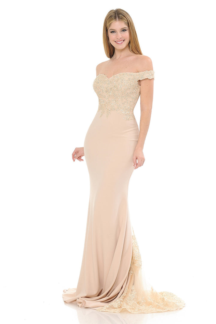 Embroidered Crepe Off Shoulder Gown by Lenovia 8134
