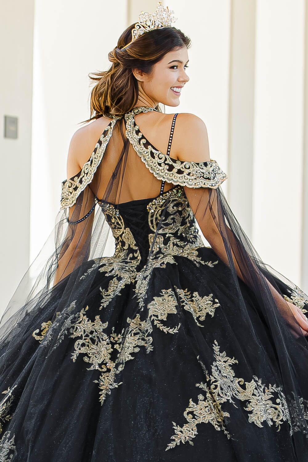 Embroidered Applique Cape Ball Gown by Petite Adele PQ1016