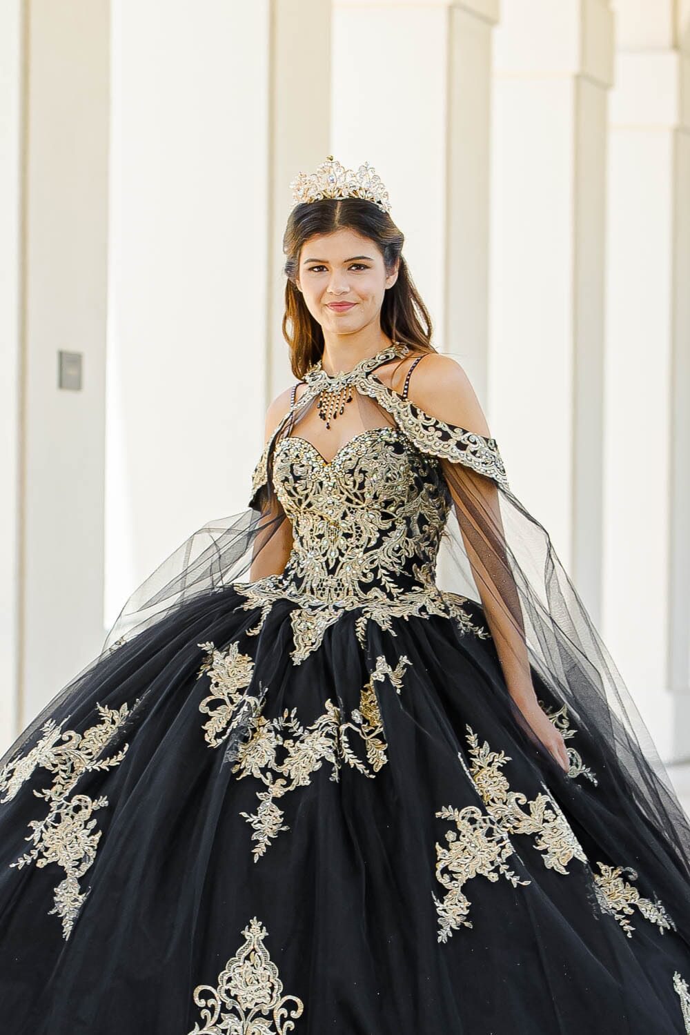 Embroidered Applique Cape Ball Gown by Petite Adele PQ1016